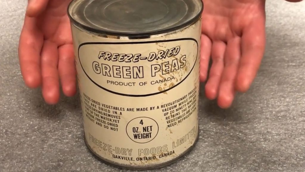 image of freeze dried peas being presented in a can