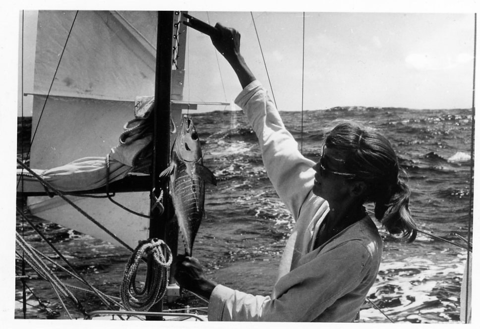 Marian Cain, second owner of Trekka, on board