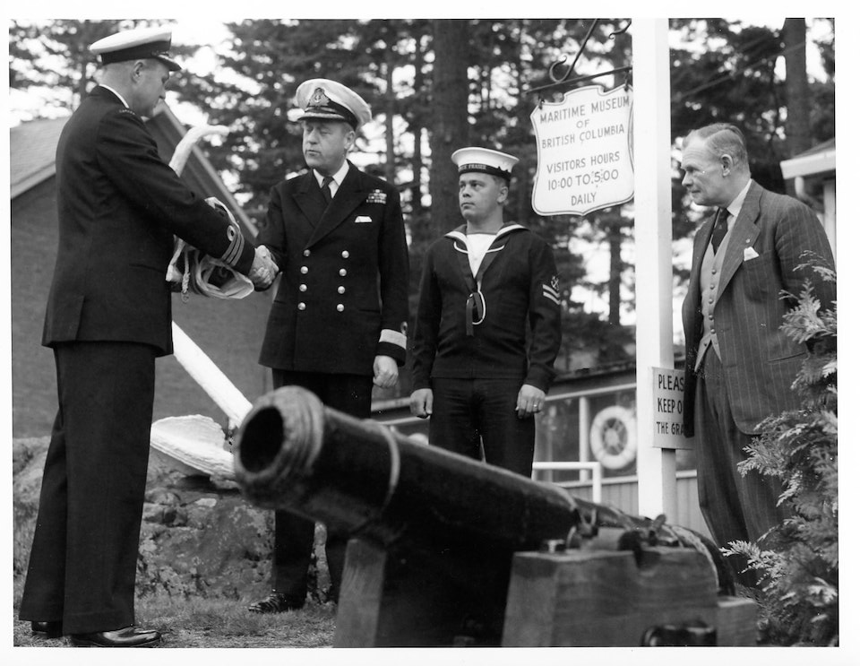 Archival photo from the flag ceremony for the first Maritime Museum of BC location