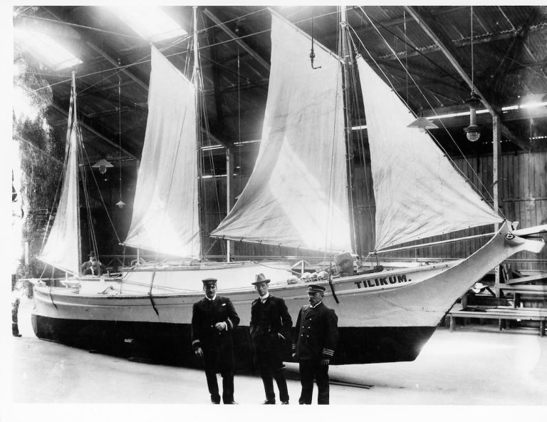 Archival photo of Tilikum, from the collection of the Maritime Museum of BC